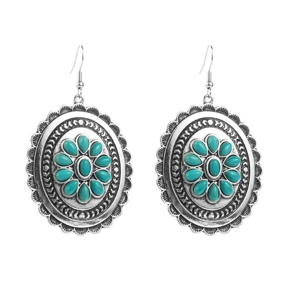 2/$24 Vintage-Style Silver & Turquoise Flower Oval Dangle Earrings - Picture 1 of 5